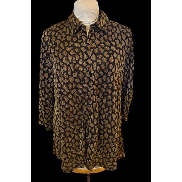 Melissa Paige Women's Long Sleeve Black and Gold Metallic Button Front Blouse L - Picture 3 of 12